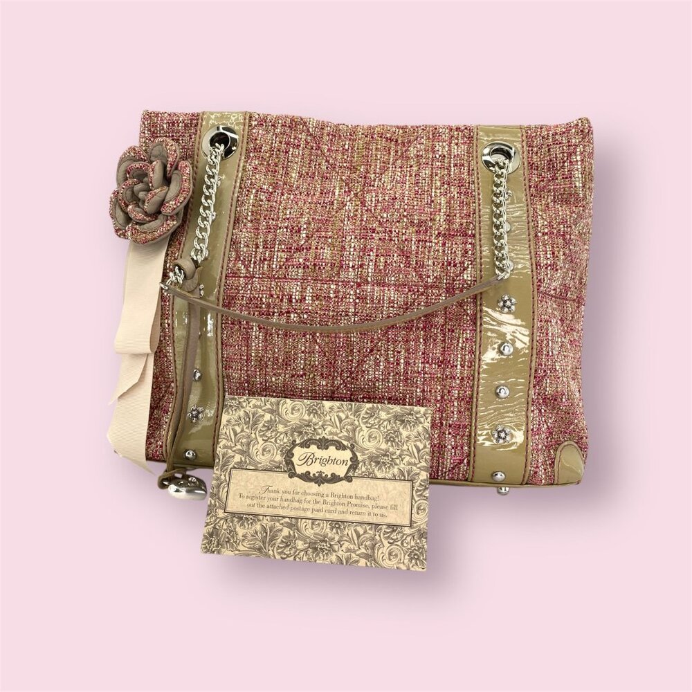 Brighton Josette Pink Tweed & Faux Leather Shoulder Bag With Flower Accent